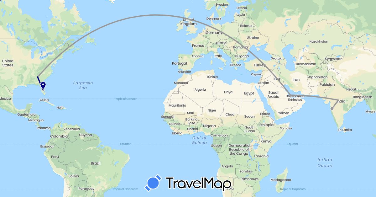 TravelMap itinerary: driving, plane in India, Qatar, United States (Asia, North America)